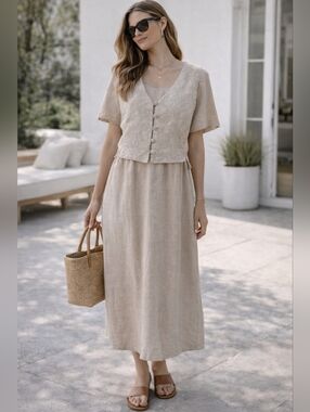 Carol Anderson California Linen Blend Dress  Size 6 Textured Button Front Ves